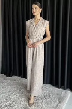 Bel Lastikli Kemerli Keten Tulum Bej