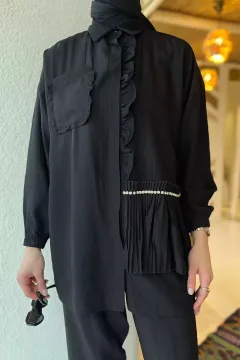 Büzgülü İncili Tunik Pantolon Tesettür İkili Takım (inciler Farklı Gelebilir.) Siyah
