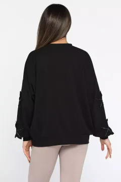 Çiçek Motifli Kadın Sweatshirt Siyah