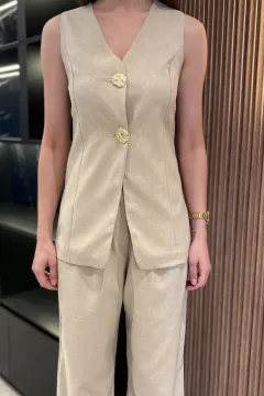 Çift Düğmeli Yelek Pantolon İkili Takım Taş