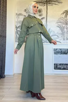 Çıtçıt Detaylı Gömlek Ve Etek İkili Tesettür Takım Haki