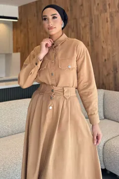 Çıtçıt Detaylı Gömlek Ve Etek İkili Tesettür Takım Camel