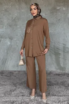 Dantelli Taşlı Tesettür Tunik Pantolon İkili Takım Bej