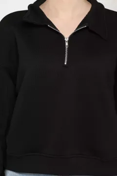 Dik Yaka Yarım Fermuarlı Şardonlu Kadın Sweatshirt Siyah