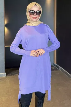 Düğme Detaylı Tesettür Triko Tunik Lila