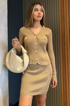 Fitilli Hırka Etek Triko İkili Takım Bej
