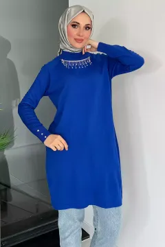 Kadın Aksesuar Detaylı Tesettür Triko Tunik Saksmavisi