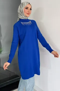 Kadın Aksesuar Detaylı Tesettür Triko Tunik Saksmavisi