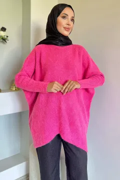 Kadın Asimetrik Salaş Tesettür Triko Tunik Fuşya