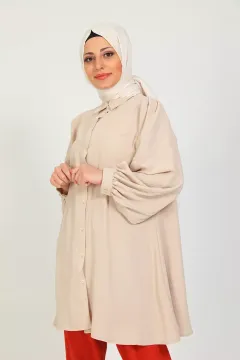 Kadın Balon Kol Klasik Tesettür Tunik Gömlek Bej