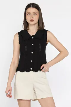 Kadın Bebe Yaka Dalga Desenli Triko Yelek Siyah