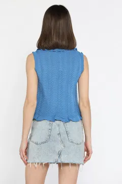 Kadın Bebe Yaka Dalga Desenli Triko Yelek İndigo