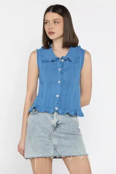 Kadın Bebe Yaka Dalga Desenli Triko Yelek İndigo