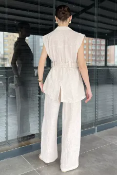Kadın Bel Kuşaklı Yelek Pantolon İkili Takım Taş