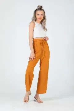 Kadın Beli Fırfırlı Zara Örme Pantolon Hardal