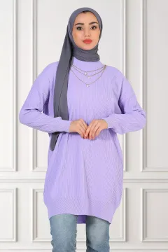 Kadın Bisiklet Yaka Aksesuar Detaylı Tesettür Triko Tunik Lila