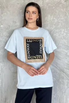 Kadın Bisiklet Yaka Baskılı Taşlı Tişört Bebemavisi