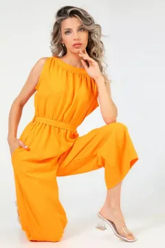 Kadın Bisiklet Yaka Bel Kuşaklı Tulum Orange