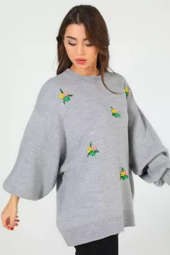 Kadın Bisiklet Yaka Boncuk İşlemeli Oversize Triko Kazak Gri