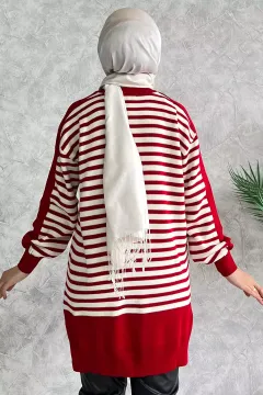 Kadın Bisiklet Yaka Çizgi Desenli Tesettür Triko Tunik Kırmızı