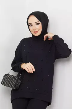 Kadın Bisiklet Yaka İnci Detaylı Tunik Pantolon Tesettür İkili Takım Siyah