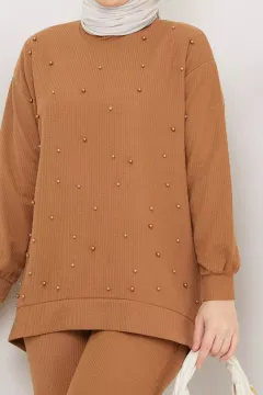 Kadın Bisiklet Yaka İnci Detaylı Tunik Pantolon Tesettür İkili Takım Vizon