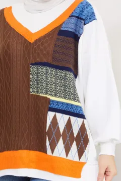 Kadın Bisiklet Yaka Ön Triko Detaylı Etnik Desenli Sweatshirt Krem