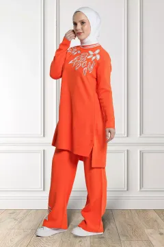 Kadın Bisiklet Yaka Taşlı Triko Tunik Pantolon Tesettür İkili Takım Orange