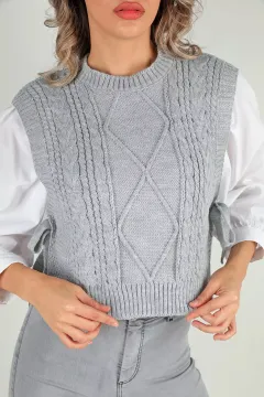 Kadın Bisiklet Yaka Yan Bağlamalı Örgü Desenli Triko Süveter Gri