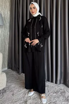 Kadın Boncuk İşlemeli Tesettür Gömlek Pantolon İkili Takım Siyah