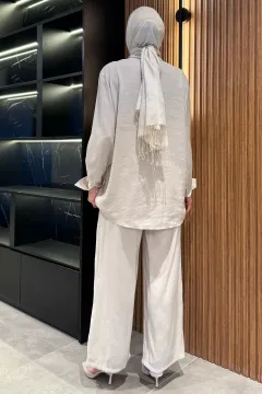 Kadın Boncuk İşlemeli Tesettür Gömlek Pantolon İkili Takım Taş