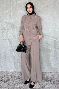Kadın Boncuk İşlemeli Tesettür Gömlek Pantolon İkili Takım Vizon