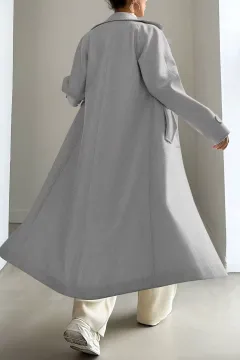 Kadın Cepli Astarlı Kaşe Kaban Gri