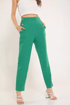 Kadın Düğme Detaylı Cepli Bol Paça Pantolon Yeşil