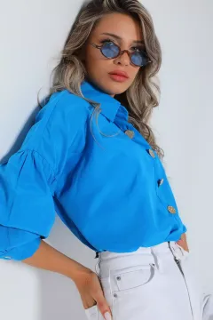 Kadın Düğme Detaylı Oversize Gömlek Mavi