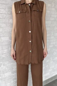 Kadın Gabardin Yelek Pantolon İkili Takım Açıkkahve
