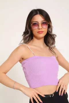 Kadın İnci Askılı Mevsimlik Crop Triko Bluz Lila