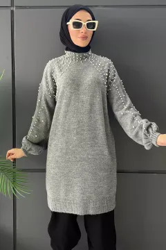 Kadın İnci Detaylı Tesettür Triko Tunik Gri