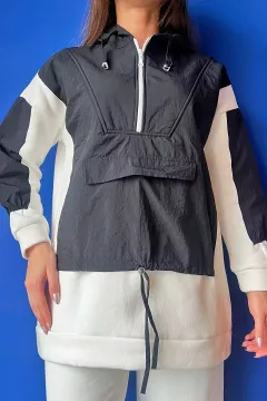 Kadın Kapşonlu Ön Fermuar Detaylı Sweatshirt Siyah