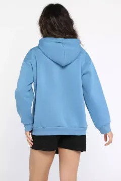 Kadın Kuş Nakışlı Kapüşonlu Şardonlu Sweatshirt İndigo
