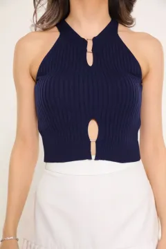 Kadın Ön Detaylı Kolsuz Crop Triko Bluz Lacivert