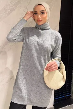Kadın Ön Fermuar Detaylı Örgü Desenli Triko Tunik Gri
