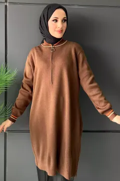 Kadın Ön Fermuar Detaylı Salaş Tesettür Tunik Kahve
