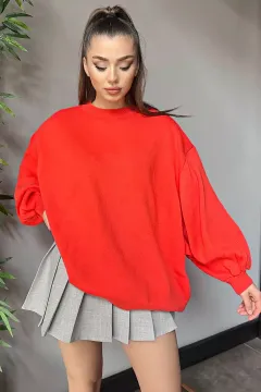 Kadın Oversize Balon Kol Triko Kazak Nar Çiçeği