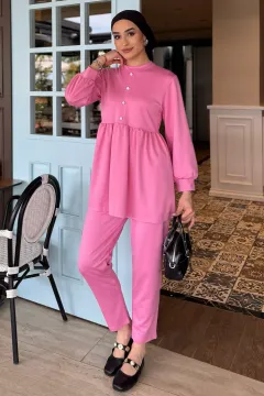 Kadın Taşlı Düğmeli Fırfırlı Tunik Pantolon Tesettür İkili Takım Pembe