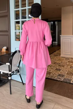 Kadın Taşlı Düğmeli Fırfırlı Tunik Pantolon Tesettür İkili Takım Pembe