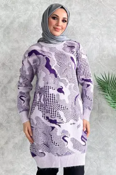 Kadın Tesettür Bisiklet Yaka Desenli Triko Kazak Lila