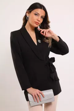 Kadın Yan Bağlamalı Astarlı Blazer Ceket Siyah