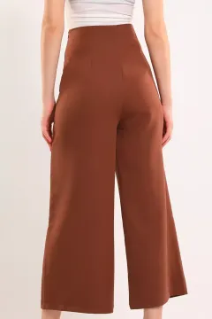 Kadın Yan Fermuarlı Bol Paça Pantolon Kahve