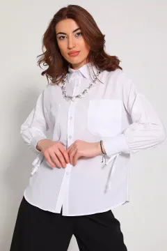 Kadın Zincir Detaylı Çift Cepli Salaş Gömlek Beyaz